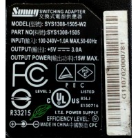 CARGADOR / ADAPTADOR DE FUENTE DE ALIMENTACION SUNNY  VCA-VCD / NUMERO DE PARTE SYS1308-1505 / ENTRADA VCA 100-240V~ 1.0A MAX,50-60HZ / SALIDA VCD 5V 3.0A / MODELO SYS1308-1505-W2